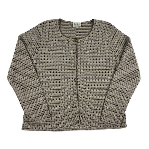 Vintage Knit Cream Brown Sweater Cardigan Button Up Made in New York Size Large - Picture 1 of 9